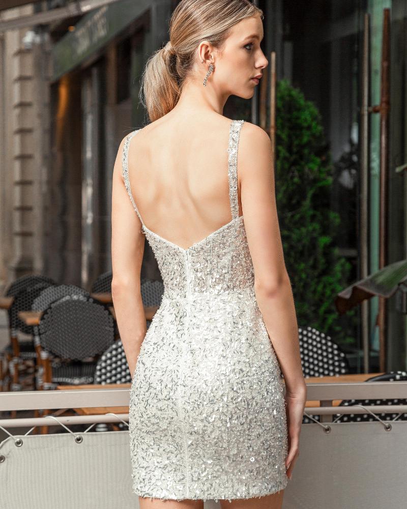 Aa2415 short sparkly wedding dress with lace and spaghetti straps2